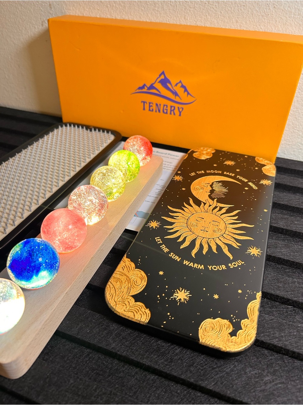 Tengry sadhu board acupressure mat & 7 chakra crystal ball light set new
